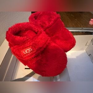 UGG Bright Red Fuzzy Baby Booties with lovey